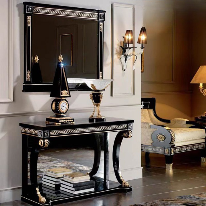 Black Console Table with Gold Accents and Lower Display Shelf