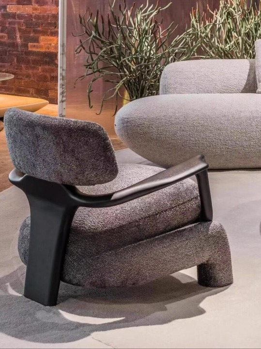 Modern Boucle Accent Chair, Deep Space Gray Upholstered Lounge Armchair with Sculptural Black Frame, Single Sofa Chair for Living Room, Bedroom, Reading Nook, Reception, Hotel, and Lounge Areas
