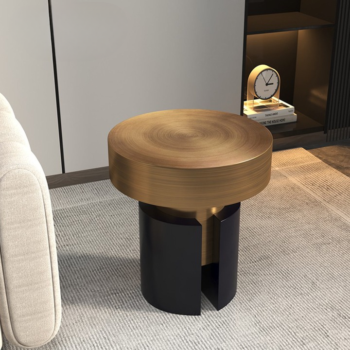 Round Stainless Steel Side Table, Brushed Antique Bronze Accent Table with Black Cylinder Base, Modern Metal End Table for Living Room, Sofa Side, Bedroom, Lounge