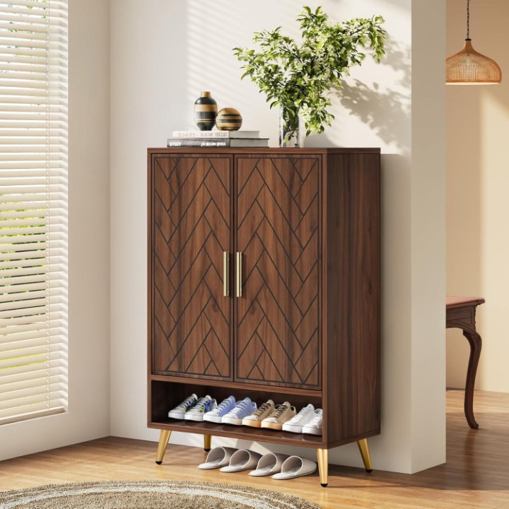 Walnut Shoe Storage Cabinet with Doors for Entryway