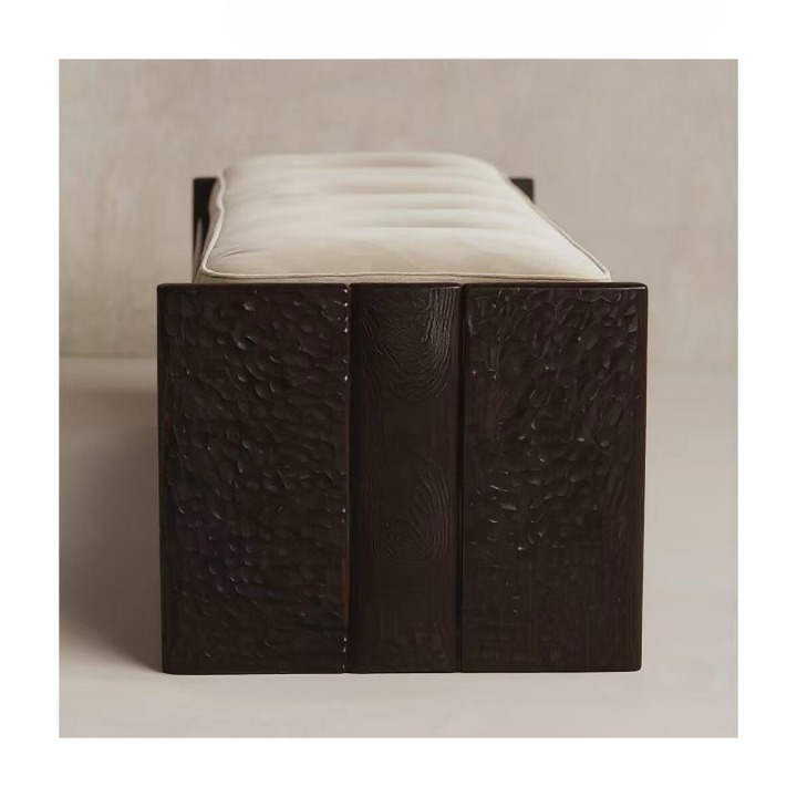 Upholstered End of Bed Bench, Solid Wood Accent Bench with Hammered Texture Frame, Wabi Sabi Bedroom Bench for Entryway, Living Room, Hallway or Foot of Bed