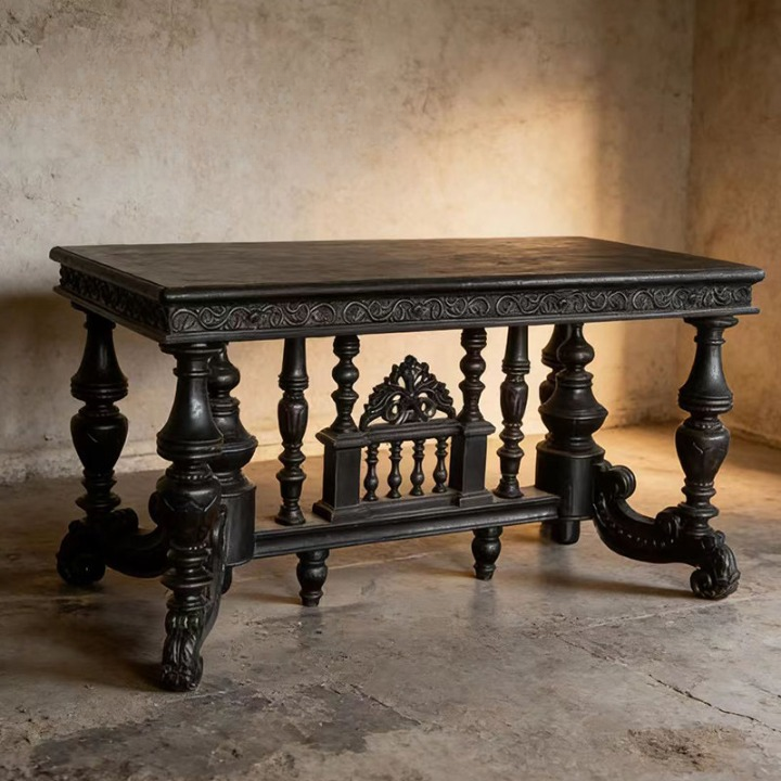 Black Solid Elm Wood Dining Table with Ornate Trestle Base