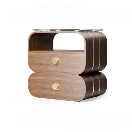 Walnut 2-Drawer Nightstand with Open Shelf and Glass Top