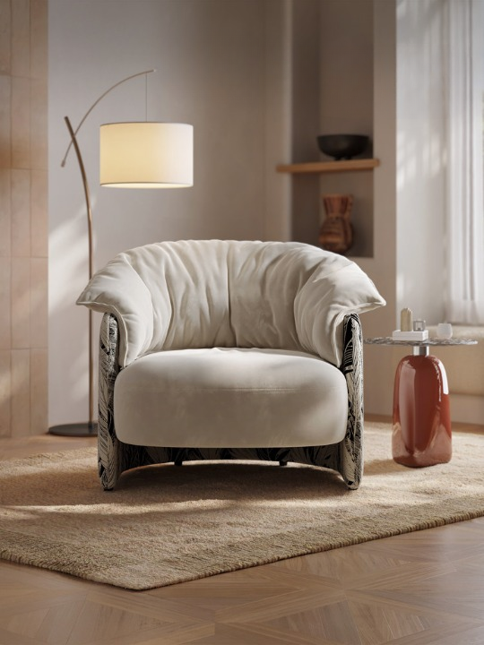 Oversized Cream Accent Chair, Modern Upholstered Lounge Chair with Black Botanical Pattern Sides, Wide Barrel Style Armchair for Living Room, Bedroom, Reading Nook, Apartment, Hotel Lobby