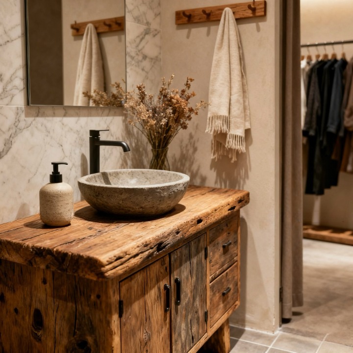 Rustic Reclaimed Wood Bathroom Vanity, Freestanding Bathroom Cabinet with Vessel Sink and Faucet, Weathered Wood Washstand with Doors and Drawers for Hotel, Villa and Powder Room