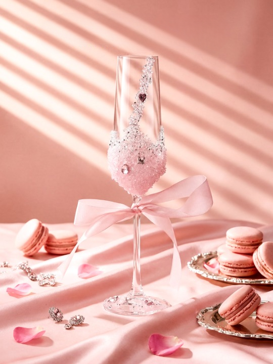 Pink Rhinestone Champagne Flutes with Bow, Decorative Glass Set of 2