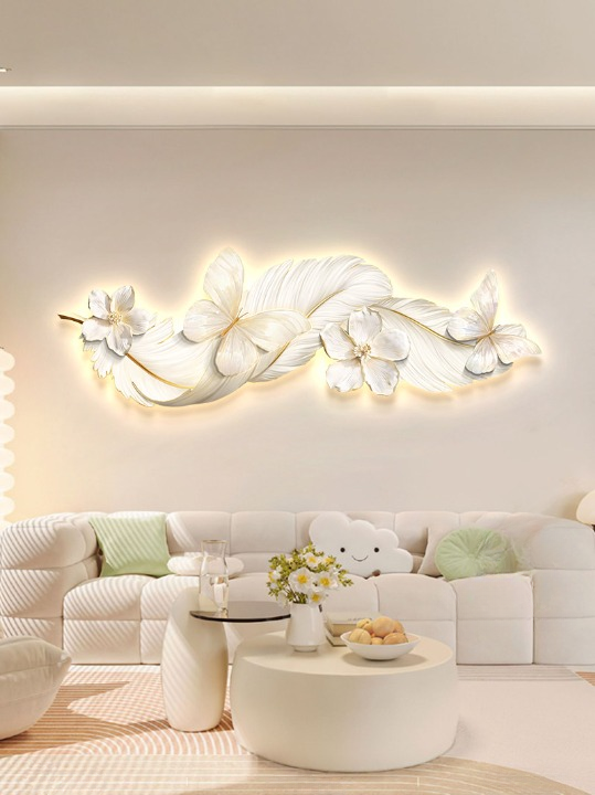 Modern White Floral Wall Art 39 x 14 Inch, 3D Feather Botanical Wall Decor