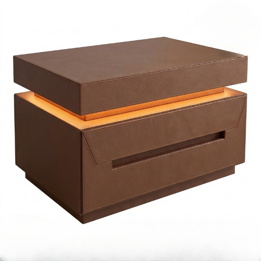 Brown Leather-Wrapped Nightstand with Sensor Light and Drawer
