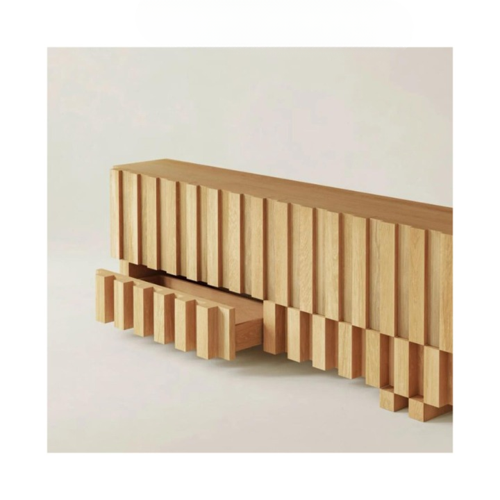 Solid Wood TV Stand, Natural Wood Slatted Media Console with Fluted Front, Wabi Sabi Entertainment Cabinet for Living Room Bedroom
