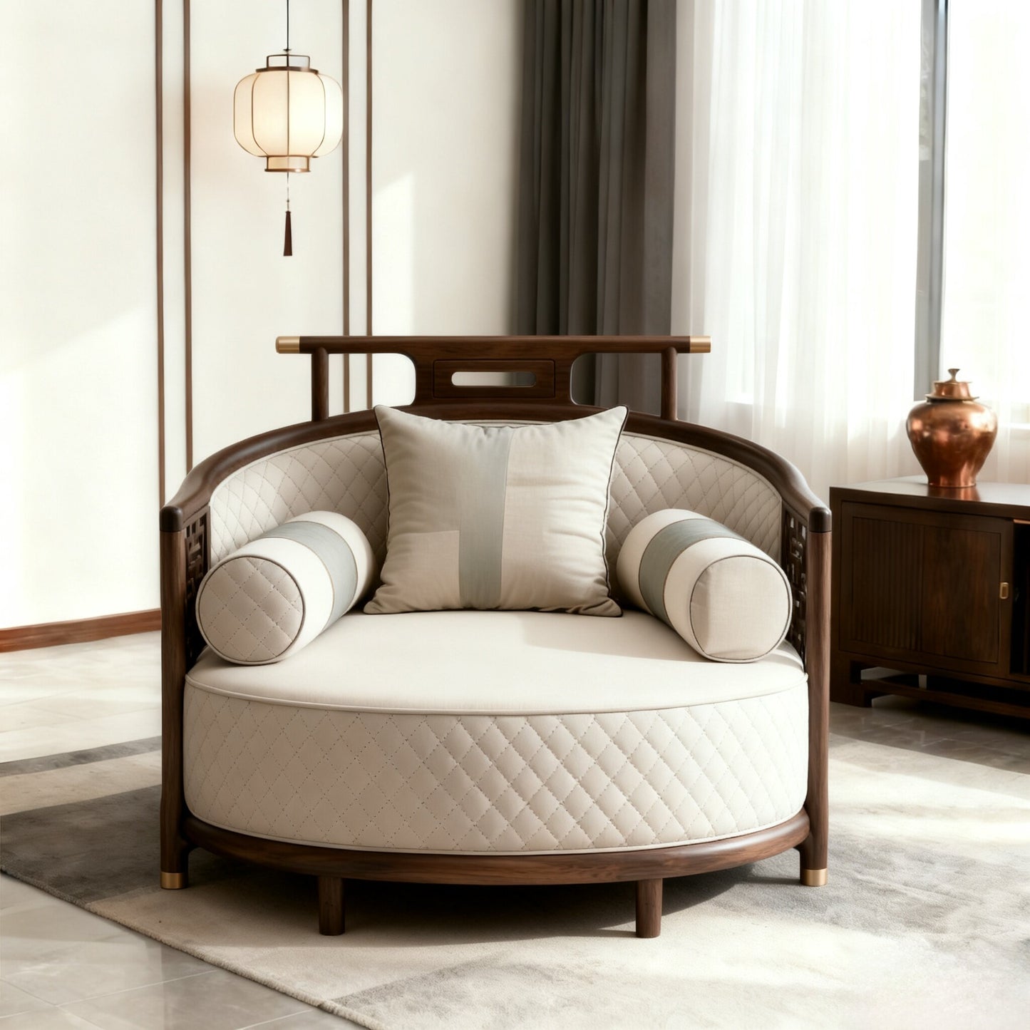 Ash Wood Barrel Accent Chair with Quilted White Upholstery