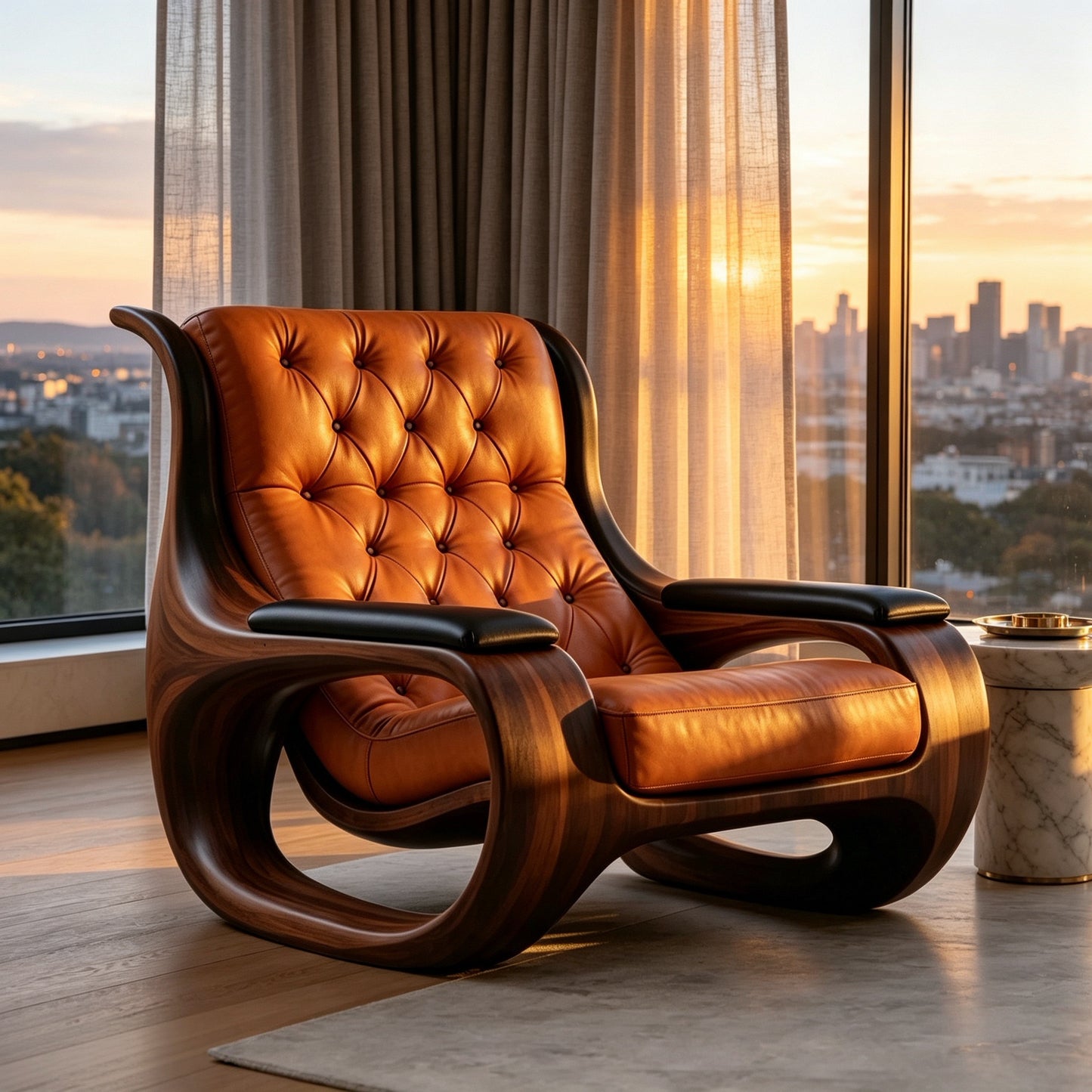 Solid Ash Wood Leather Accent Chair, Orange Tufted Lounge Armchair