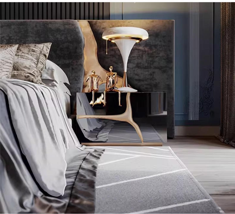 Silver Mirrored Nightstand with Gold Branch Accent for Bedroom