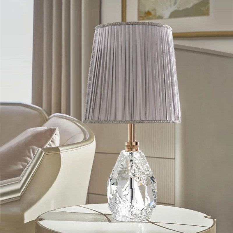 Crystal Table Lamp with Pleated Fabric Shade, Modern Faceted Glass Bedside Lamp with E27 Socket and Button Switch, Decorative Nightstand Lamp for Bedroom Living Room Study