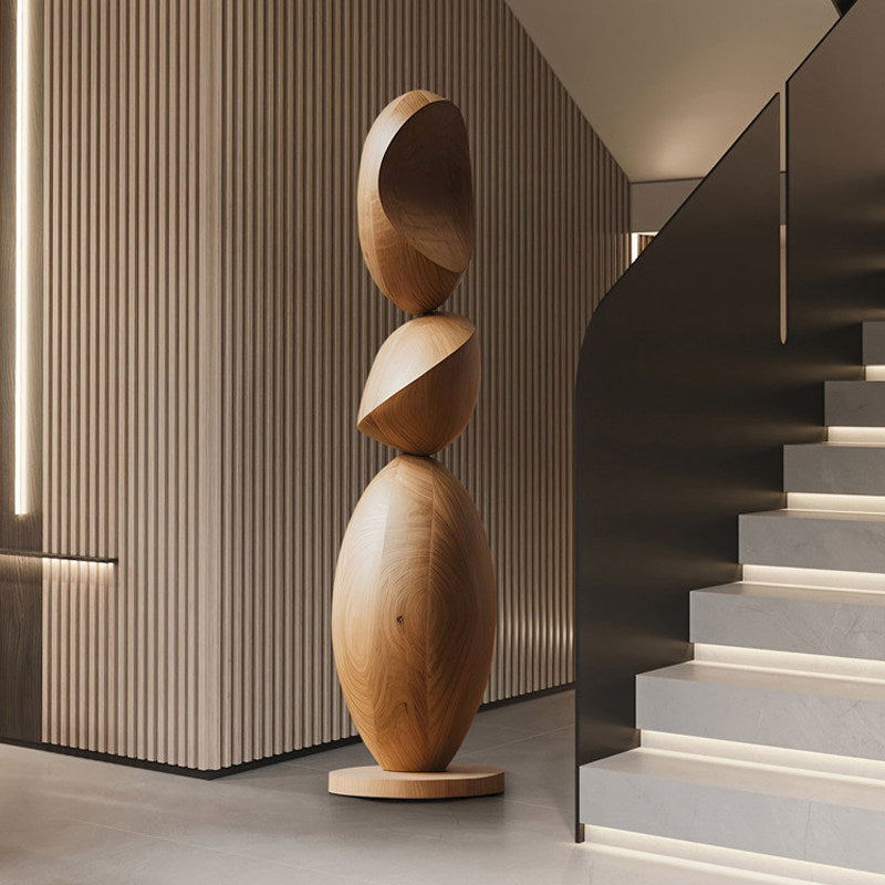 Tall Abstract Wooden Floor Sculpture, Stacked Oval Wood Statue, Modern Organic Decorative Art Accent for Hotel Lobby, Entryway, Living Room, Clubhouse, Villa and Gallery Decor