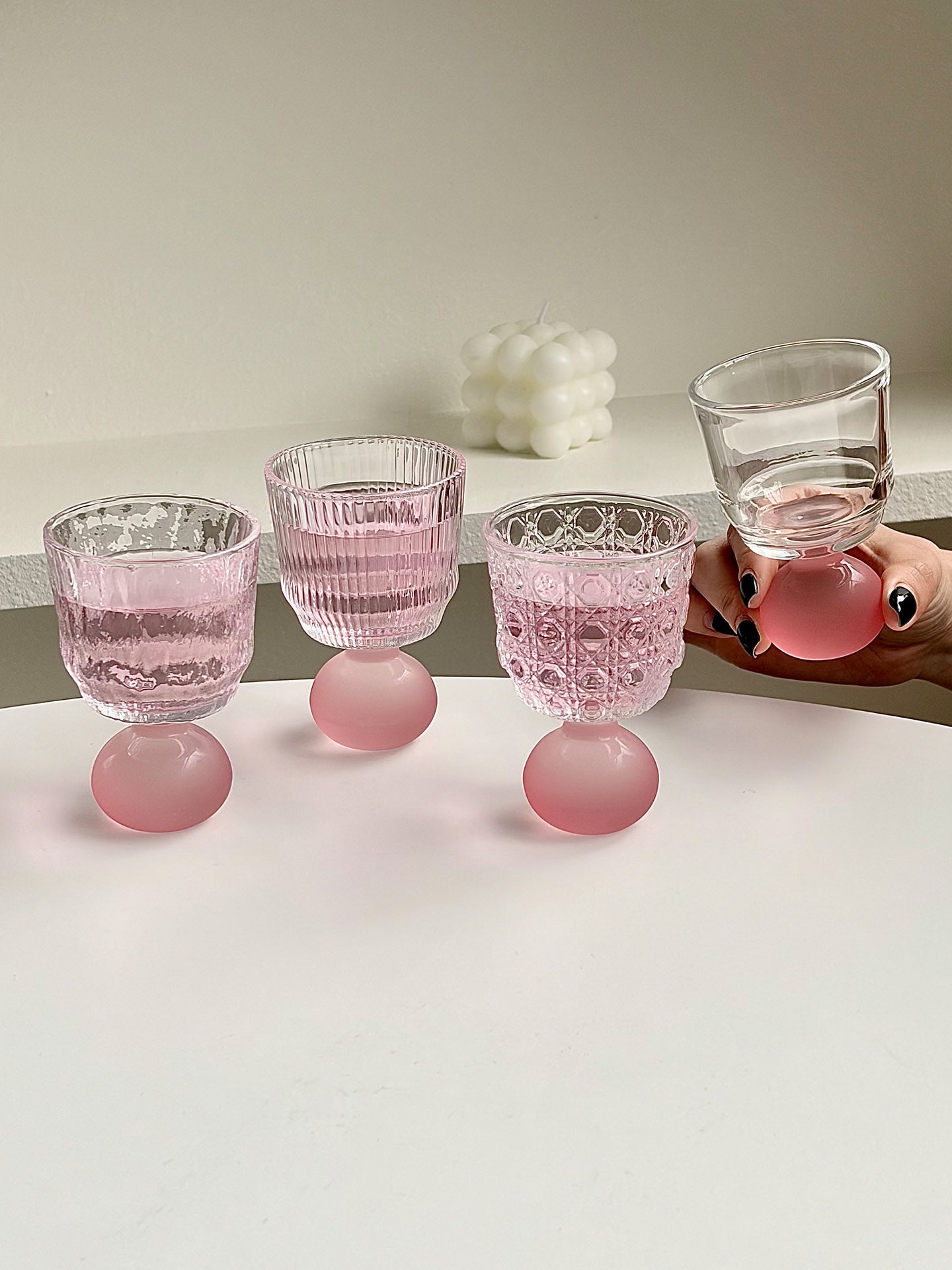 Set of 4 Pink Ball Stem Shot Glasses, 3.4 oz Small Footed Glass Cups with Mixed Textured Clear Bowls for Whiskey, Liqueur, Soju, Sake, Dessert Shooters and Tasting Drinks