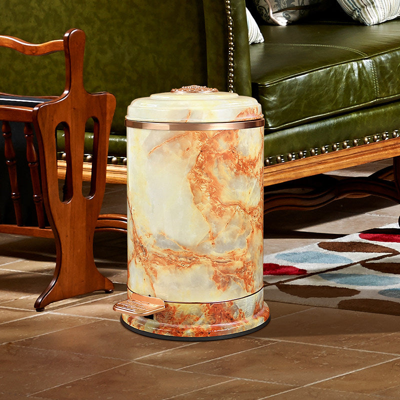 Yellow Marble Look Step Trash Can with Lid, Round Pedal Waste Bin with Faux Onyx Pattern, Luxury Style Garbage Can for Bathroom, Living Room, Bedroom, Office, Kitchen, and Toilet