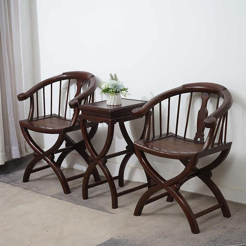 3 Piece Solid Elm Wood Chinese Style Horseshoe Back Chair Set, Rustic Brown Round Back Armchairs with Side Table, Traditional Accent Seating Set for Living Room, Entryway, Tea Room, Bedroom, and Lounge