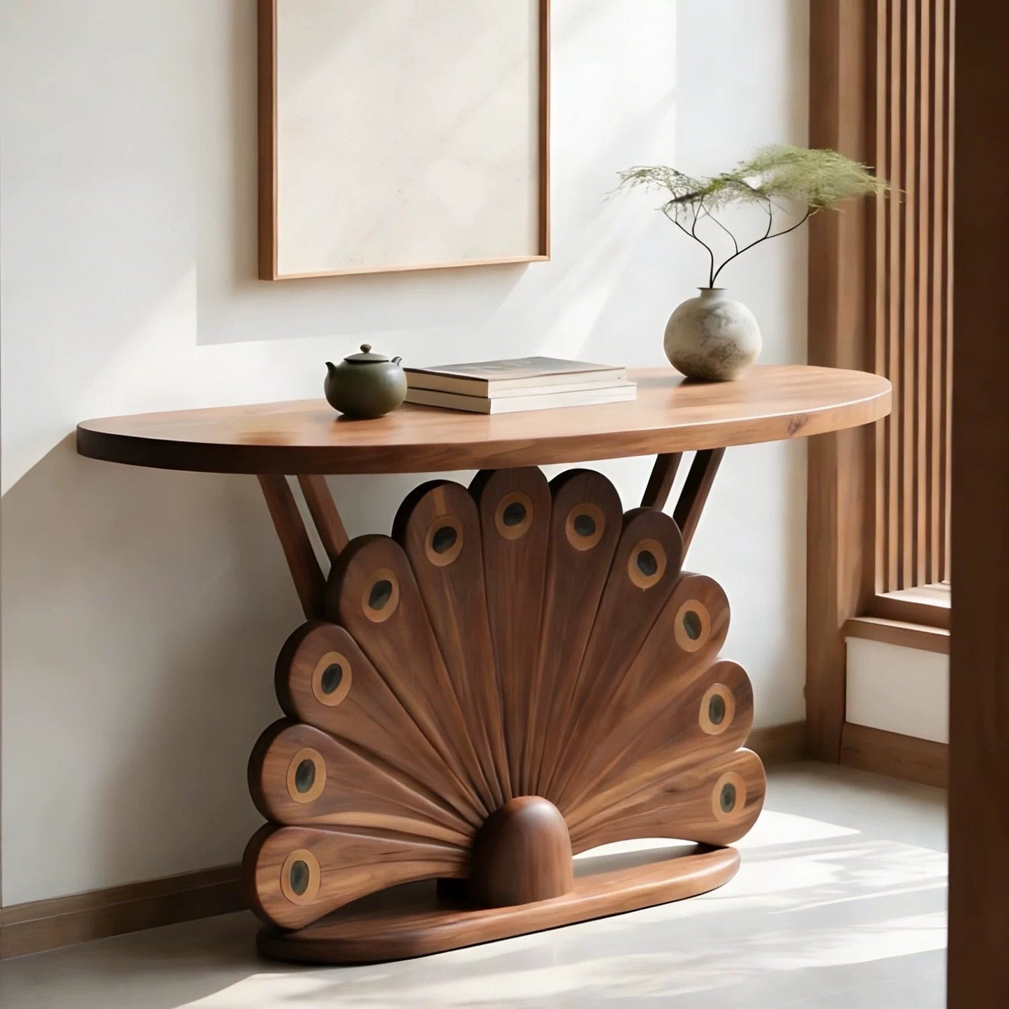 Solid Ash Wood Peacock Entryway Console Table, Walnut Finish