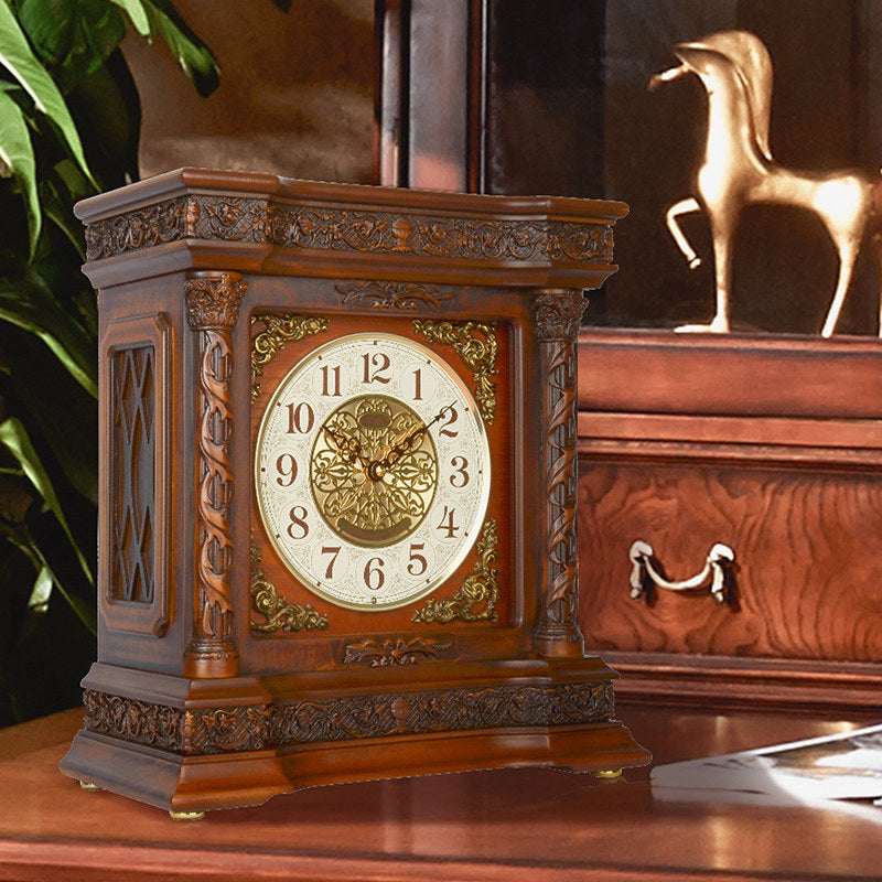 Vintage Solid Wood Mantel Clock with Hourly Chime, 8-Inch Analog Table Clock