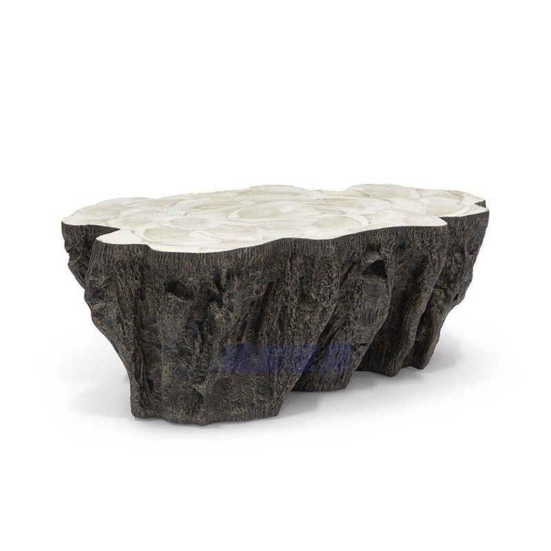 Brown Faux Fossil Coffee Table, Fiberglass Tree Stump Style Cocktail Table for Living Room, Lobby, Model Home and Sculptural Interior Décor