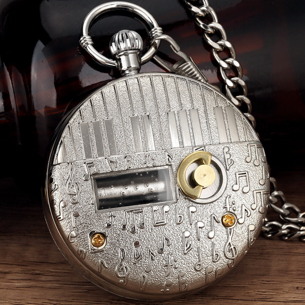 Silver Space Pocket Watch with Music Box, Quartz Pocket Watch with Blue Enamel Astronaut and Space Station Design, Vintage Pendant Watch with Chain for Men, Women, Collectors, Gift