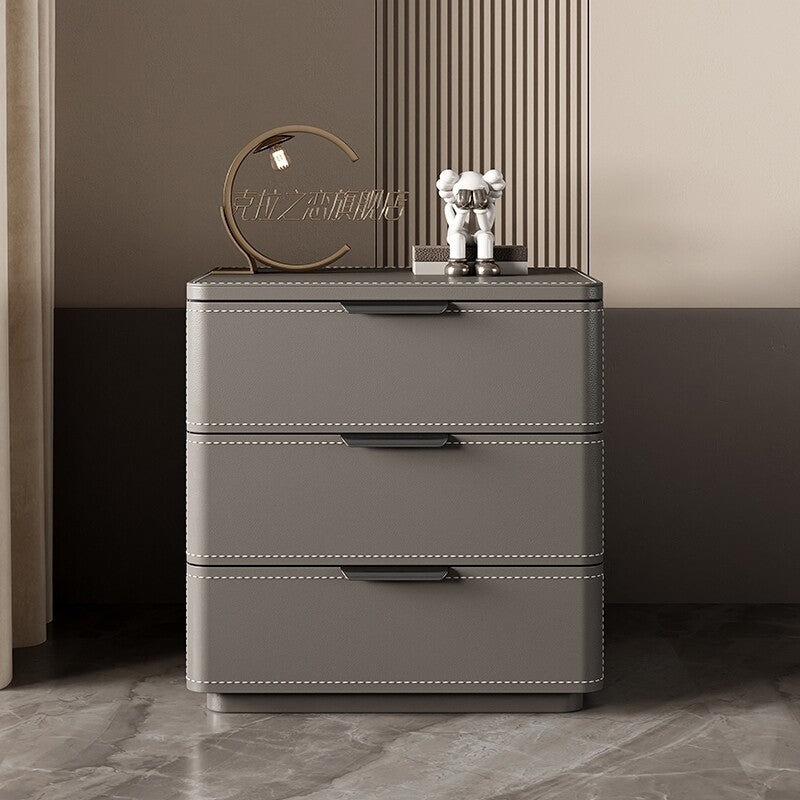 Modern 3 Drawer Nightstand with Sintered Stone Top, Gray Leather-Wrapped Bedside Table with Solid Wood Frame, Minimalist Storage Cabinet for Bedroom, Living Room and Small Spaces