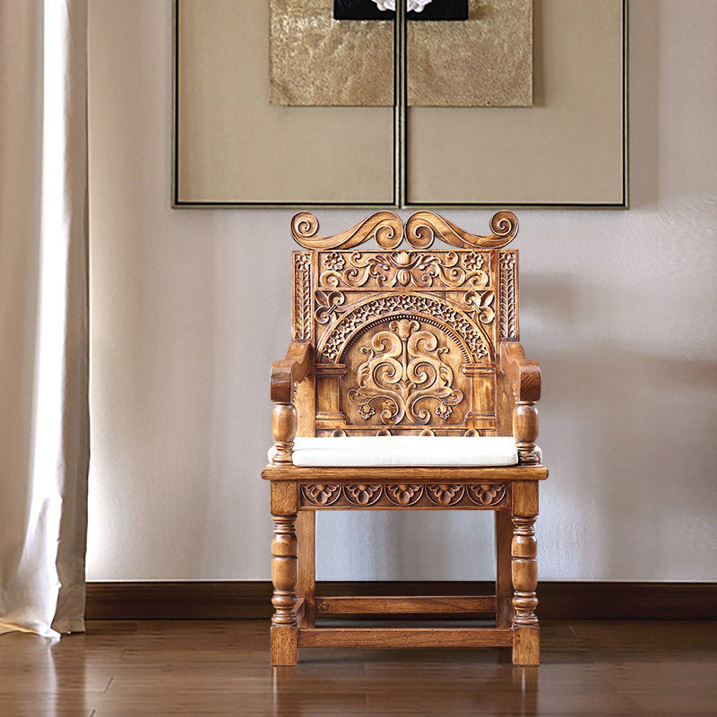 Camel Brown Solid Ash Wood Carved Armchair with Ivory Seat Cushion, Southeast Asian-Inspired High Back Accent Dining Chair for Living Room, Foyer, Bedroom and Hotel
