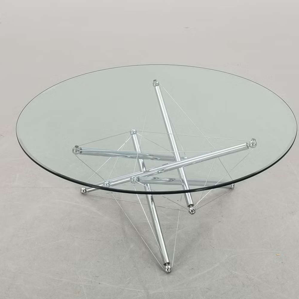 Round Glass Coffee Table, Ultra Clear Tempered Glass Cocktail Table with Polished Stainless Steel Tension Rod Base, Modern Center Table for Living Room, Villa, Lounge