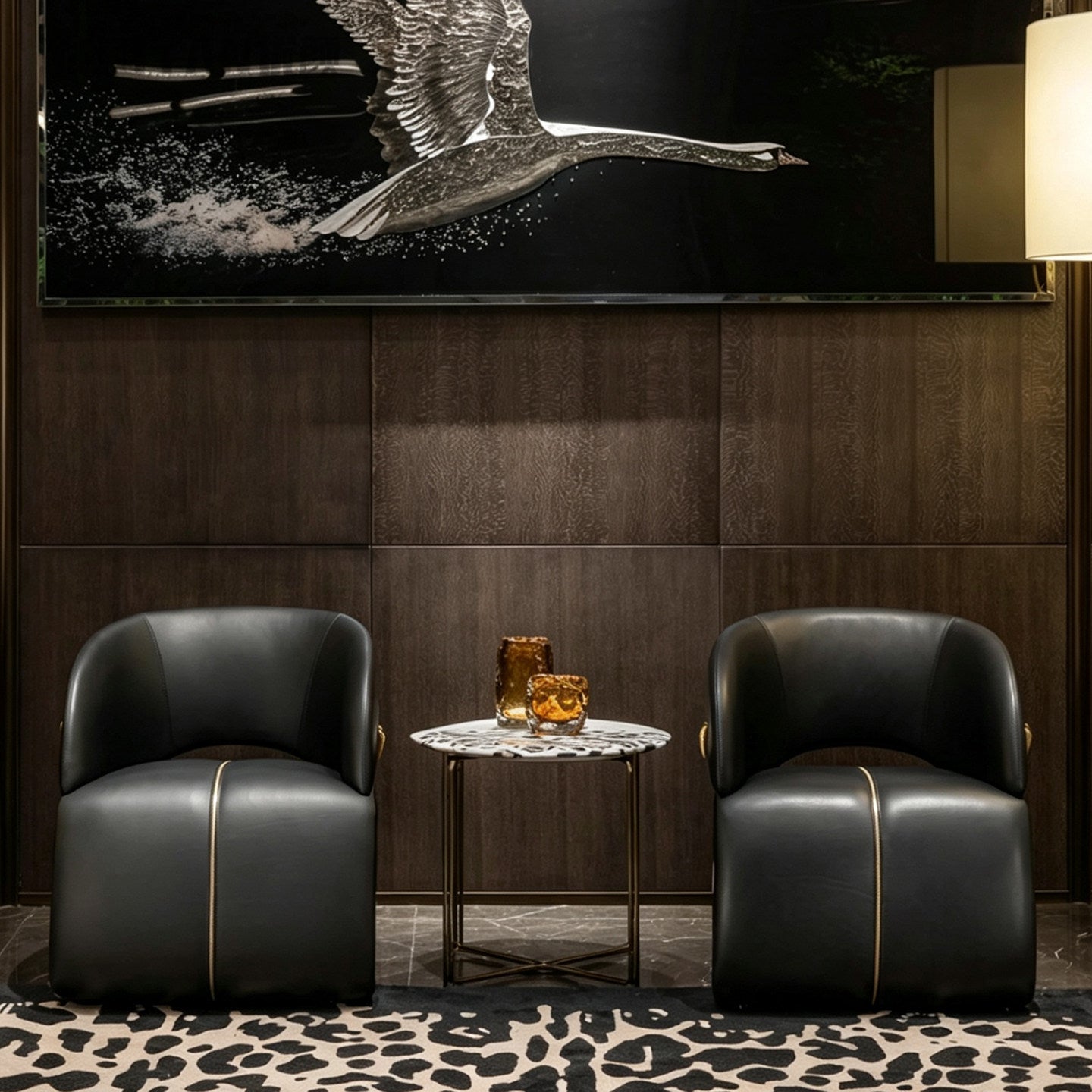 Black Genuine Leather Accent Chair with Leopard Print and Gold Zippers