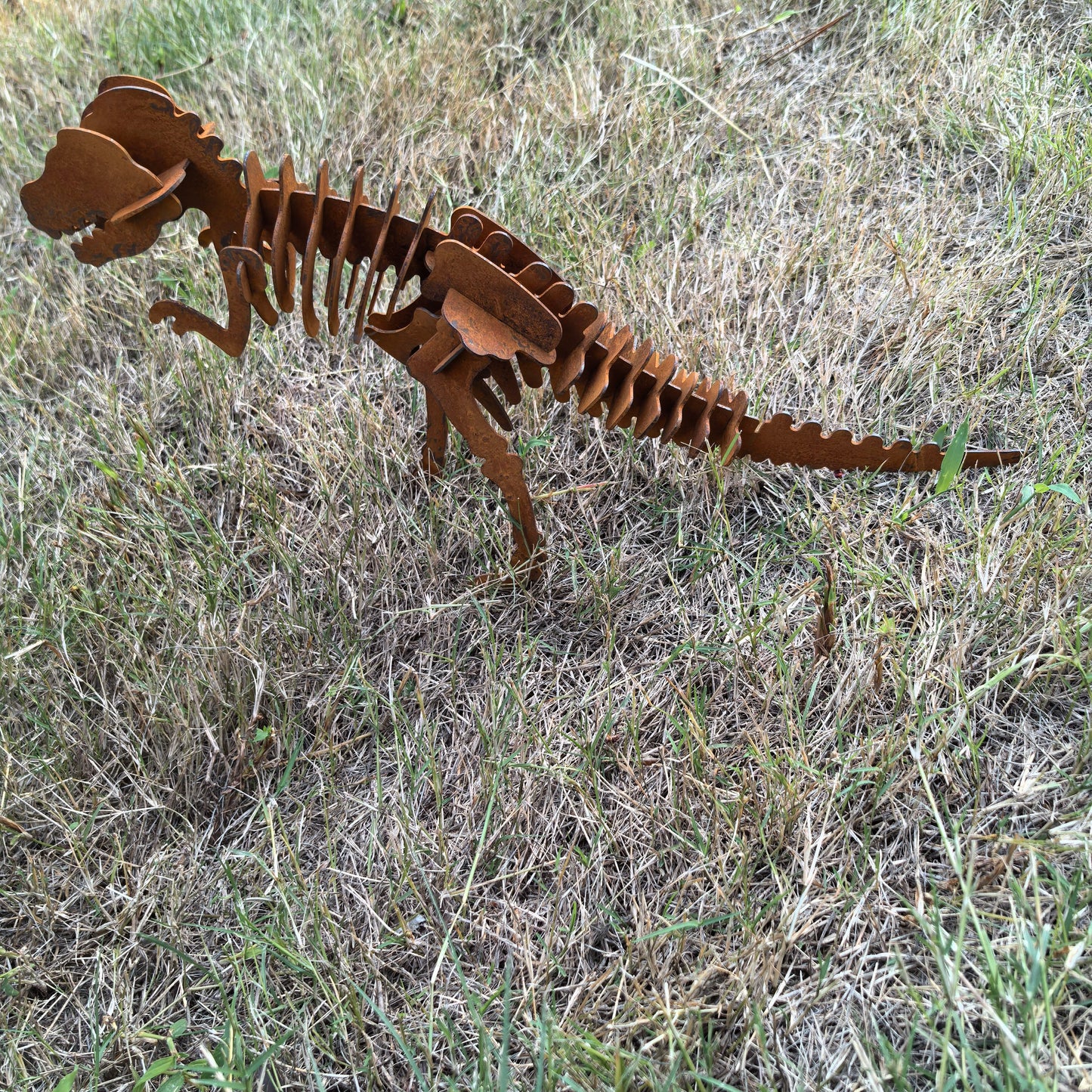 Rustic Metal T Rex Skeleton Garden Sculpture, 3D Dinosaur Yard Art Decor, Weathered Rust Finish Prehistoric Animal Statue for Outdoor Lawn, Patio, Backyard, Garden Display