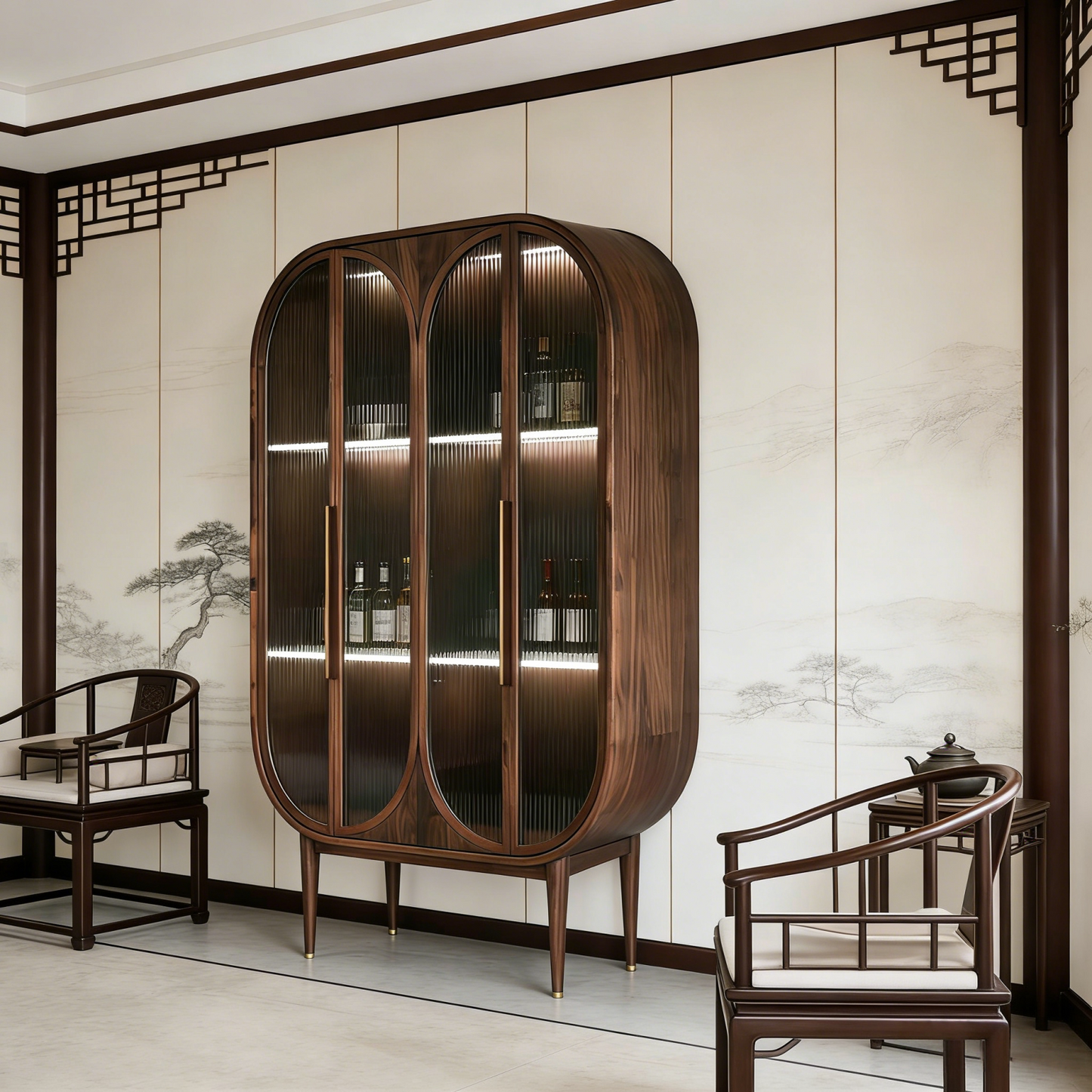 Ash Wood Liquor Cabinet with Fluted Glass Doors and LED Display Shelves