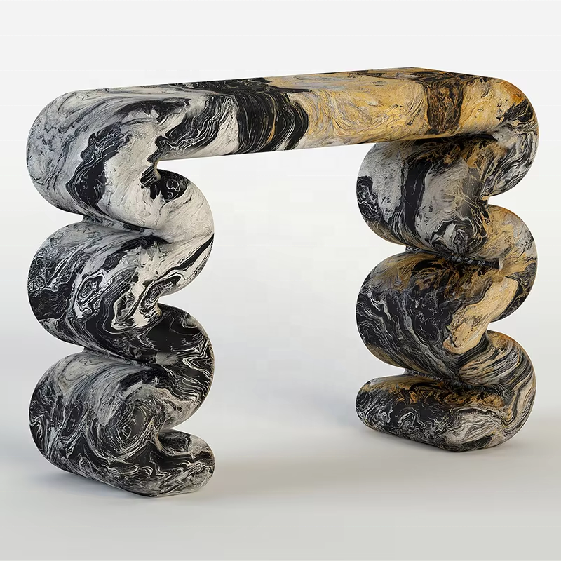 Black Gold Marble Console Table with Sculptural Spiral Legs