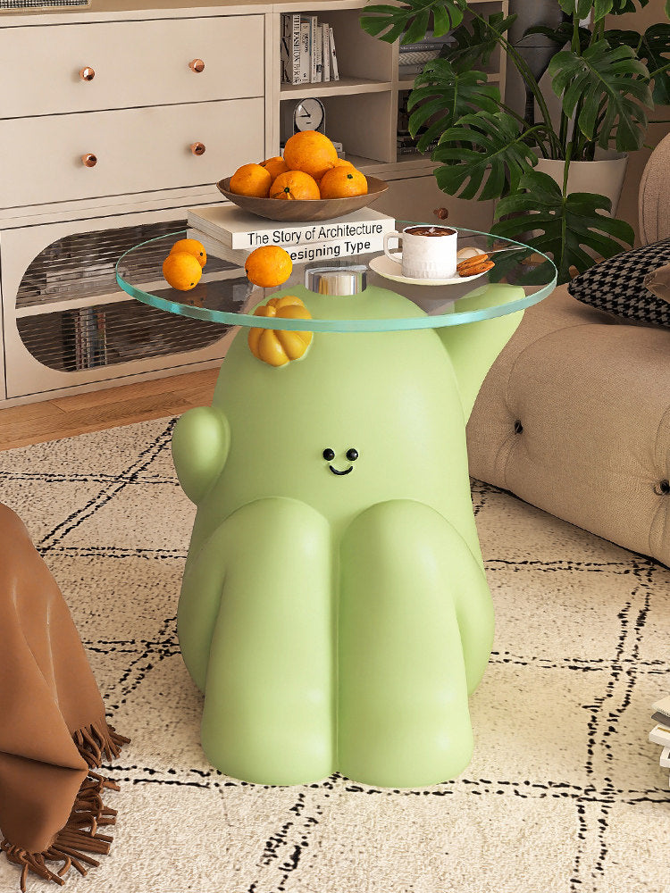 Light Green Resin Cactus Side Table with Round Tempered Glass Top, Cute Smiling Character Accent End Table for Living Room, Bedroom, Nursery, Apartment and Small Spaces
