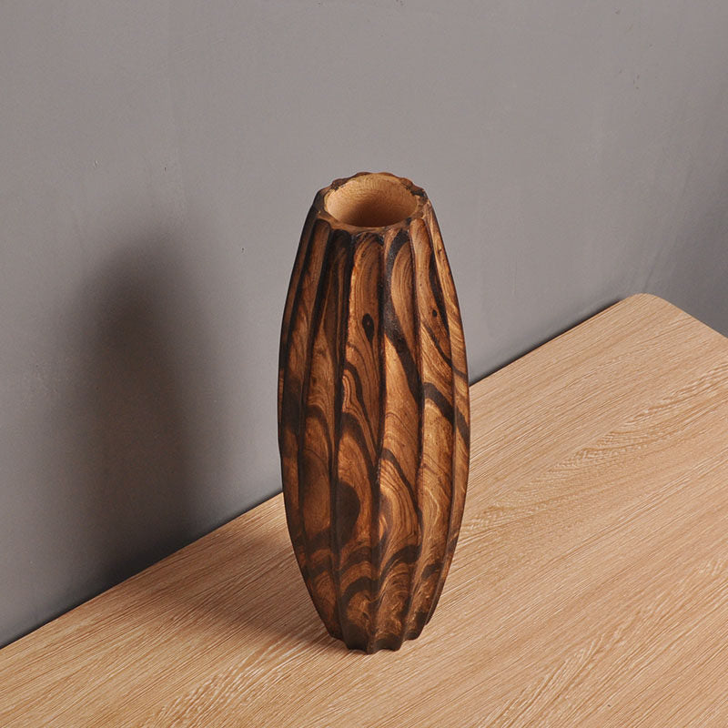 Solid Wood Vase Set of 2 for Dried Flowers, Dark Brown