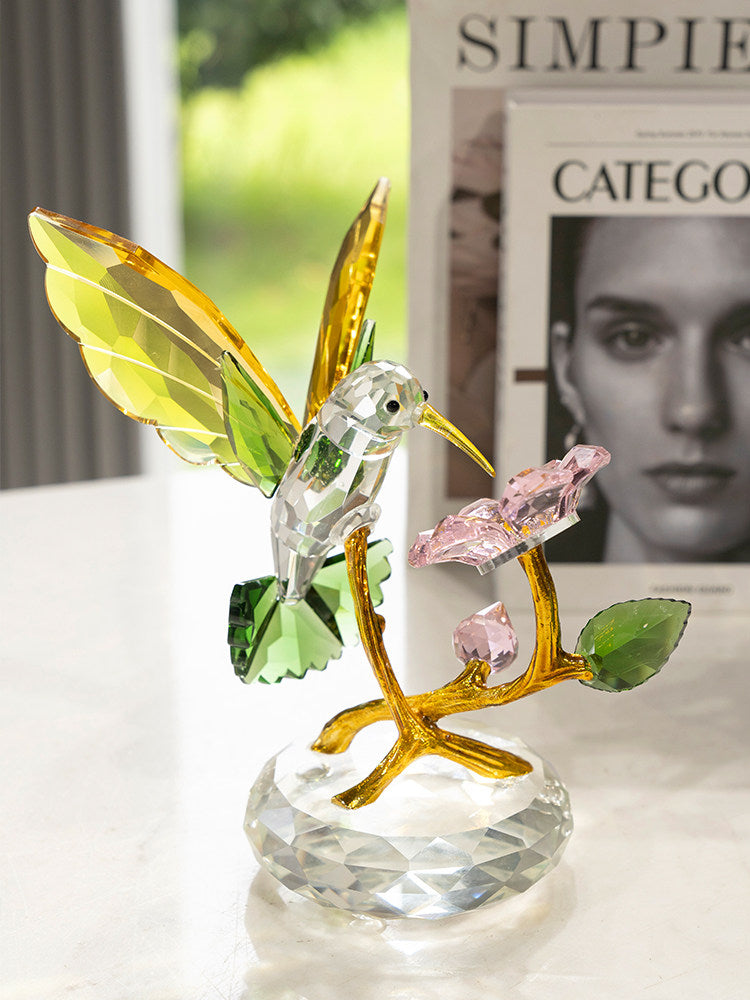 Crystal Hummingbird Figurine with Flower, Gold Decorative Bird Sculpture