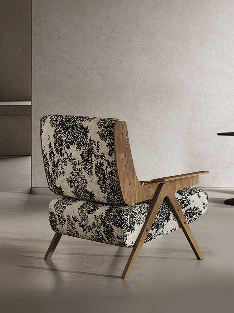 Black and White Floral Accent Chair, Mid Century Upholstered Lounge Chair with Solid Wood Arms for Living Room, Bedroom, Reading Nook and Hotel Lounge