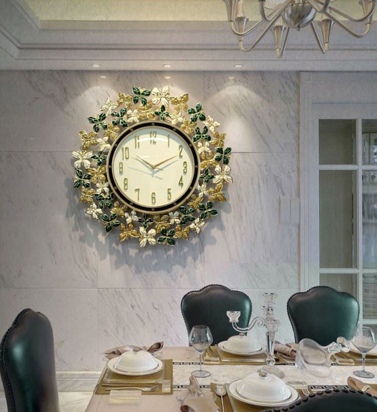 Black White Floral Wall Clock with Gold Accents, 31.5 Inch