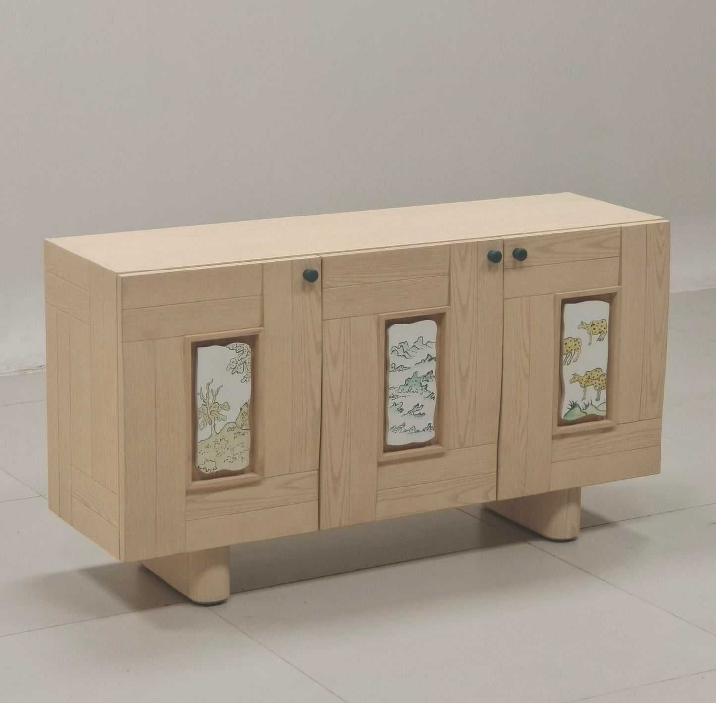 Natural Wood Sideboard Cabinet with Illustrated Inset Panels, 3 Door Solid Wood Buffet Credenza, Organic Modern Storage Cabinet for Living Room, Dining Room and Entryway