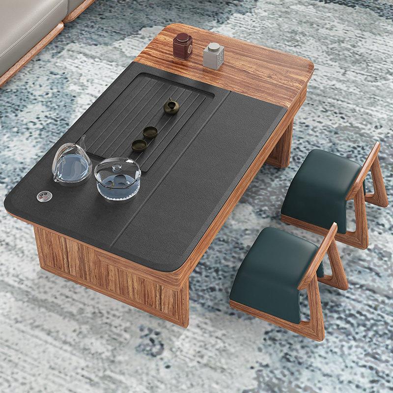 Solid Wood Tea Table Set with Built-In Tea Tray and 2 Stools