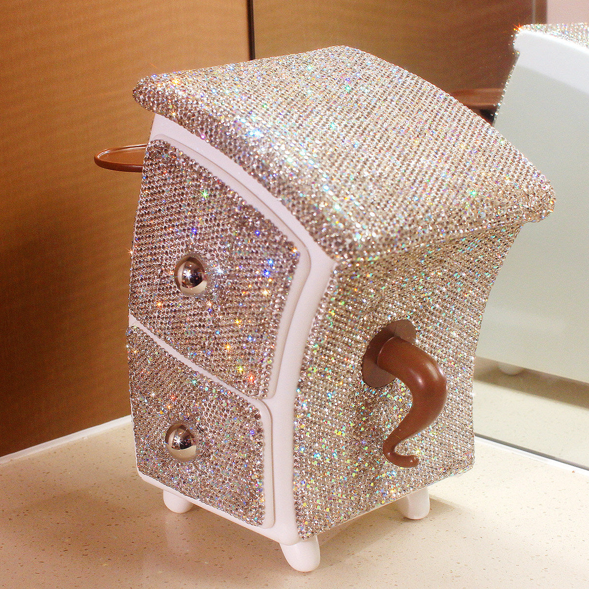 White Rhinestone 2-Drawer Jewelry Box and Desktop Organizer