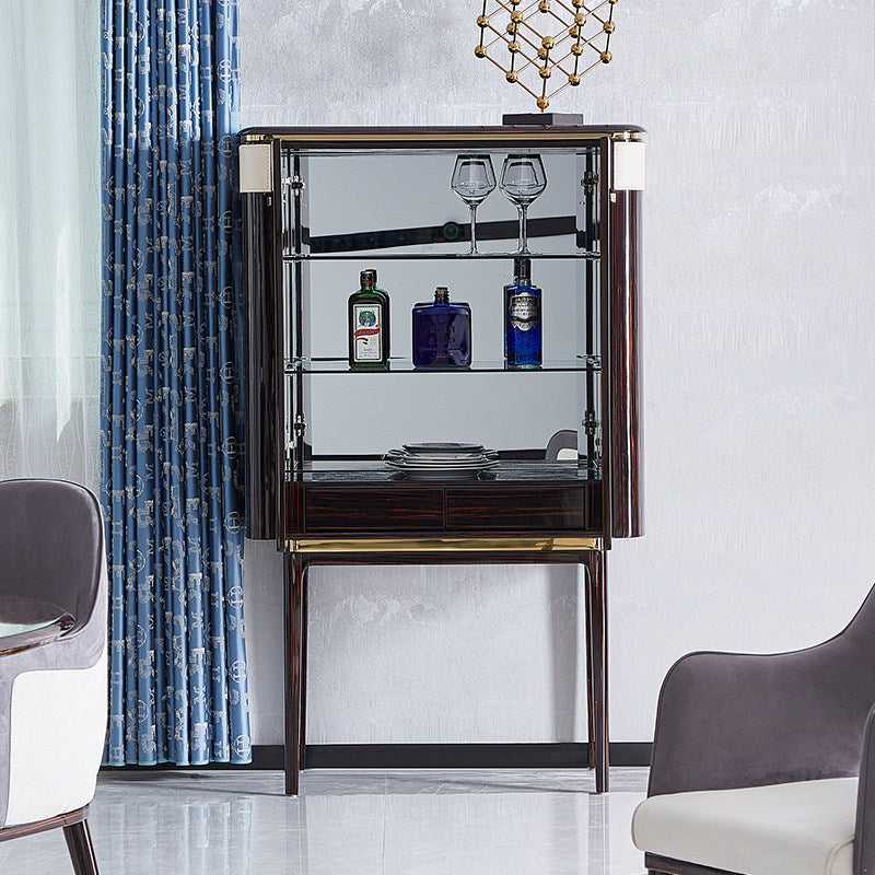 Tall 2-Door Bar Cabinet with Drawers, Dark Wood Finish and Gold Accents