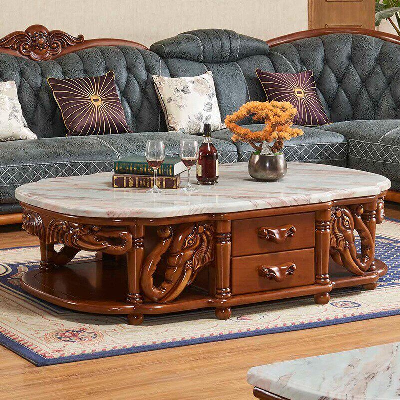 Solid Wood Marble Top Coffee Table with Storage Drawers, Hand-Carved Traditional Living Room Center Table, Luxury Vintage Cocktail Table with Open Shelf