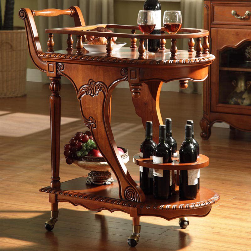 Solid Wood Bar Cart with Wine Storage, Serving Tray and Locking Wheels