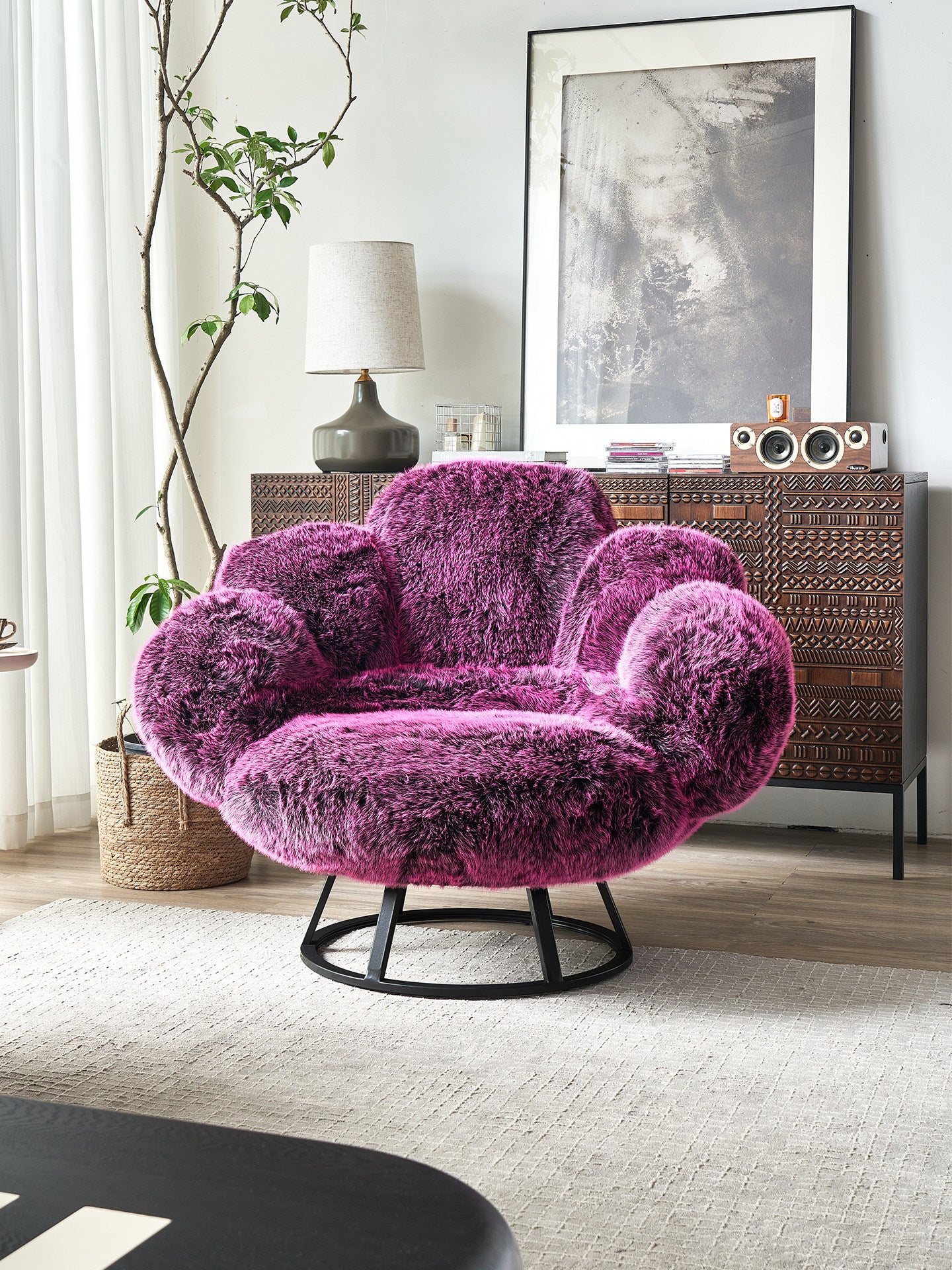 Modern Oversized Faux Fur Swivel Accent Chair, Plush Upholstered Lounge Armchair with High-Density Foam Cushion, Contemporary Barrel Reading Chair for Living Room, Bedroom, Apartment &amp; Hotel, Magenta Pink