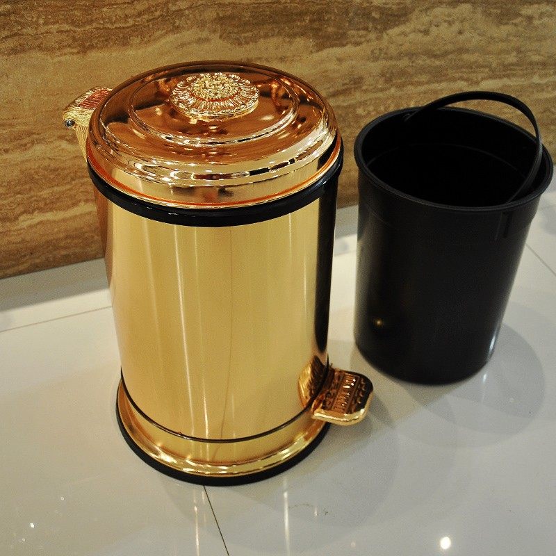 Gold Tone Step Trash Can with Lid, Round Pedal Waste Bin with Mirror Gold Finish, Luxury Style Garbage Can for Bathroom, Living Room, Bedroom, Office, Kitchen, Toilet, and Vanity Area