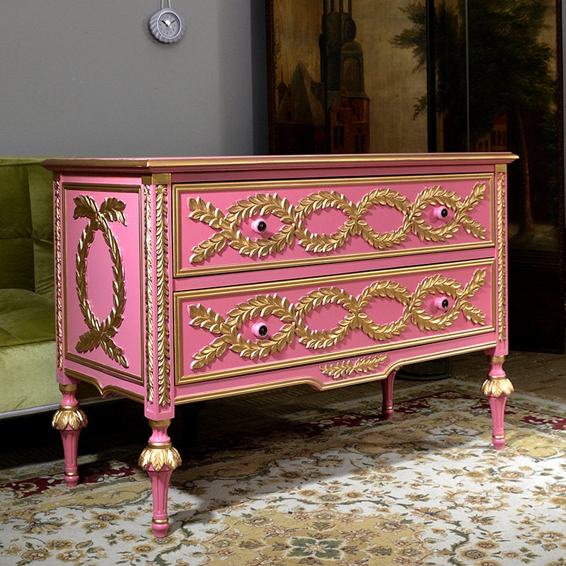 Pink Solid Wood Entryway Cabinet with 2 Drawers and Gold Trim