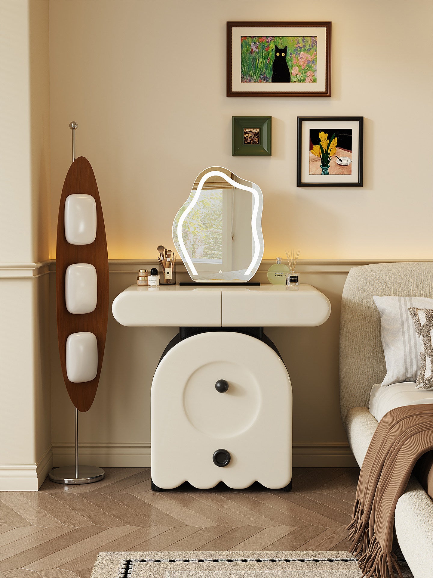 Cream White Vanity Table and Stool Set with Drawers, 31.5 In Wide