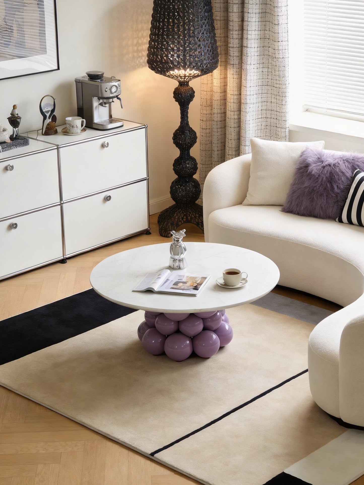 Round Faux Marble Coffee Table with Lavender Bubble Pedestal Base