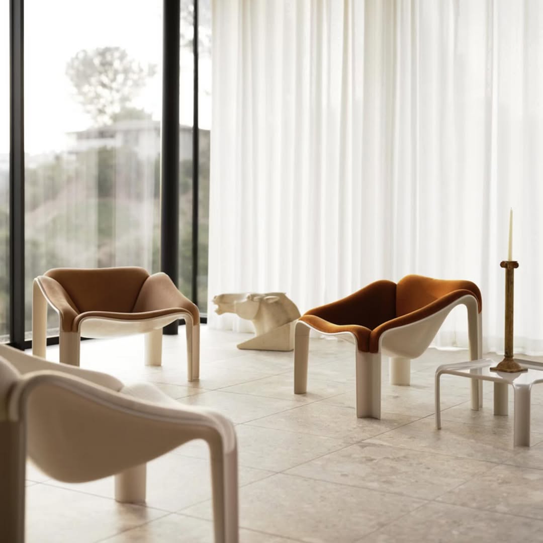 Deep Brown Upholstered Fiberglass Lounge Chair, Cream Sculptural Molded-Shell Accent Armchair, Retro-Futurist Low Seat for Living Room, Bedroom, Villa and Reading Lounge