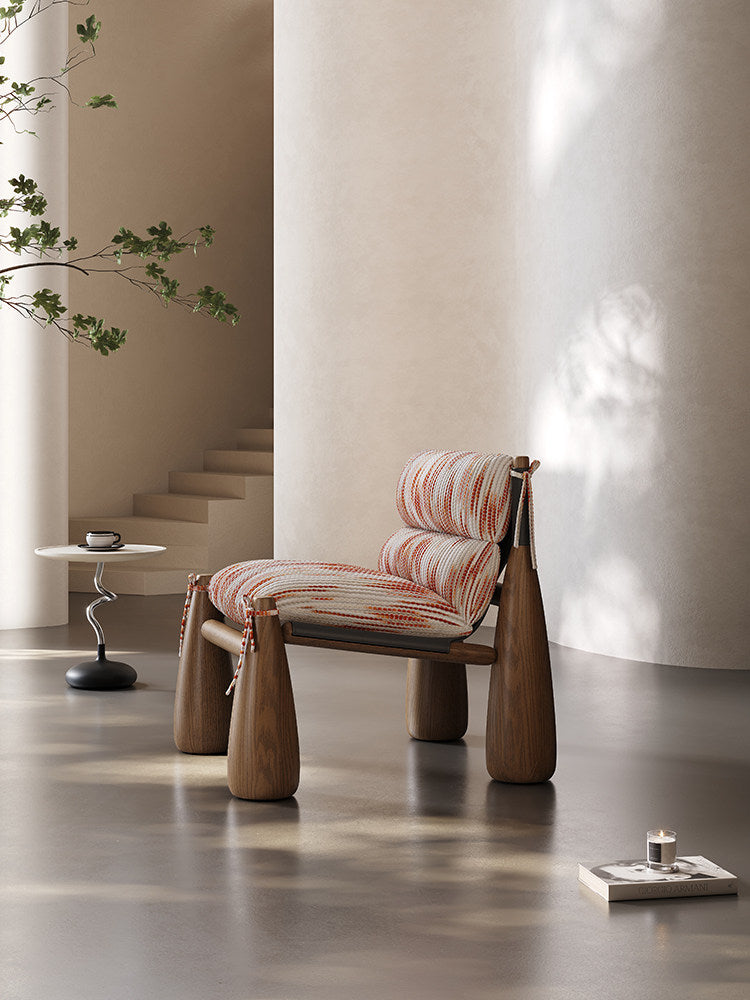 Orange Striped Cotton-Linen Ash Wood Accent Lounge Chair